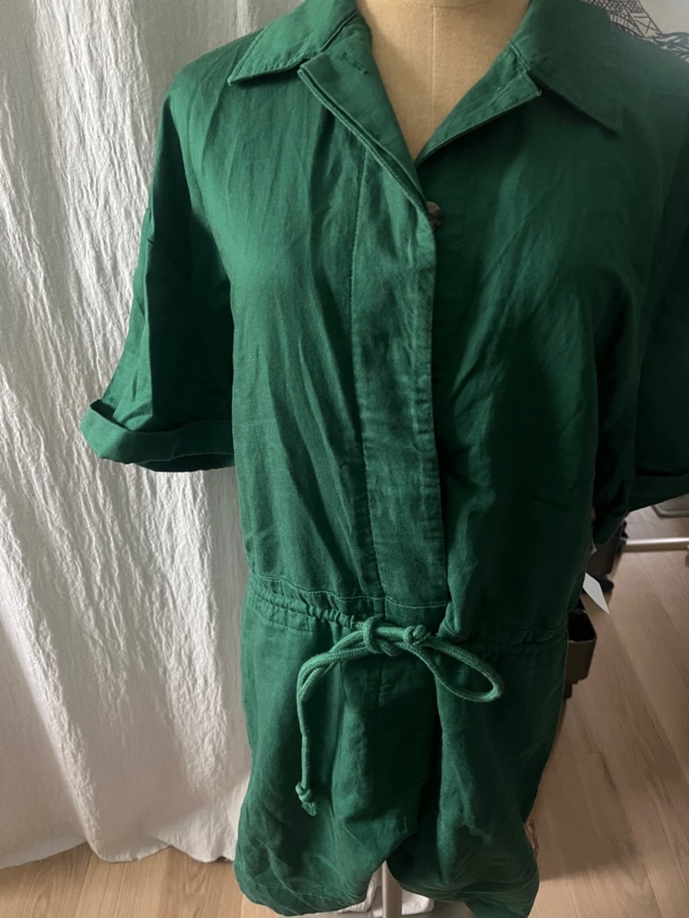 Green Short Sleeve Drawstring Romper